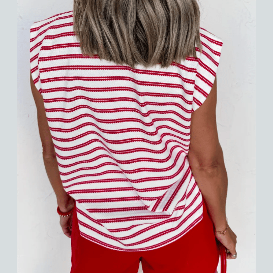 Lona Red Stripe Textured Knit Button Detail Short Sleeve Casual Tee