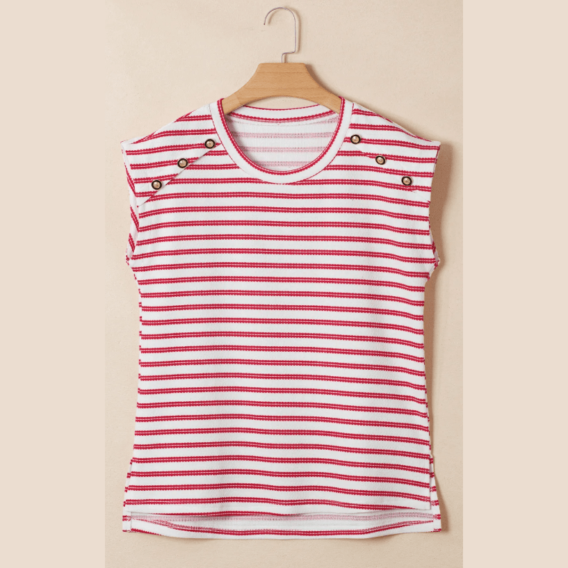 Lona Red Stripe Textured Knit Button Detail Short Sleeve Casual Tee