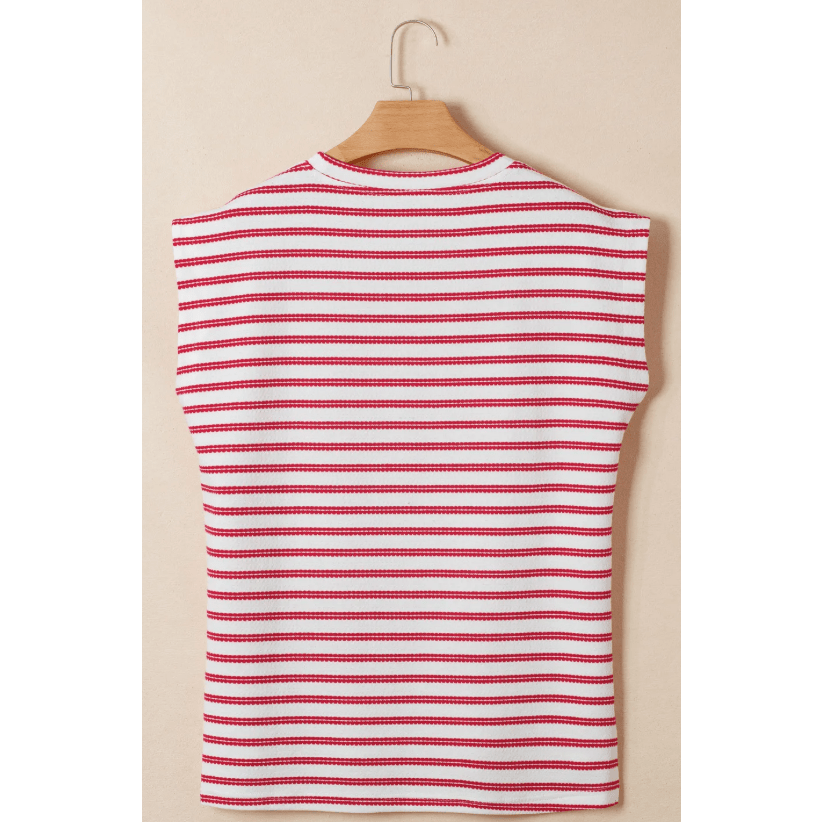 Lona Red Stripe Textured Knit Button Detail Short Sleeve Casual Tee