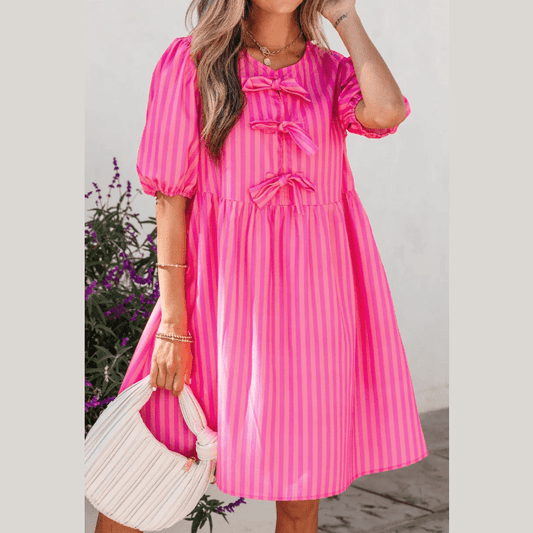 Mayra Striped Print Bow Detail Short Puff Sleeve Mini Dress