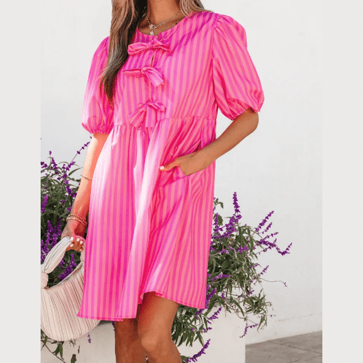 Mayra Striped Print Bow Detail Short Puff Sleeve Mini Dress
