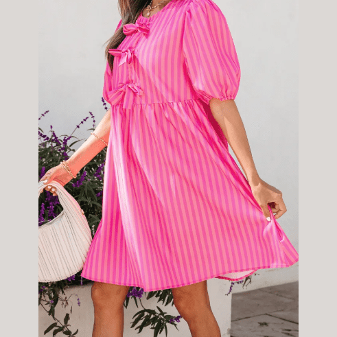 Mayra Striped Print Bow Detail Short Puff Sleeve Mini Dress