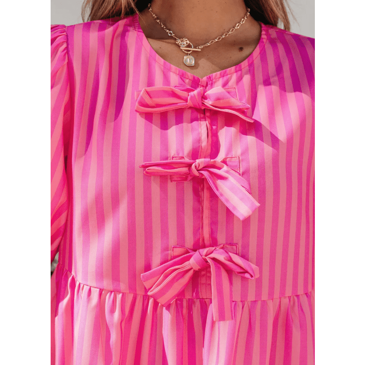 Mayra Striped Print Bow Detail Short Puff Sleeve Mini Dress
