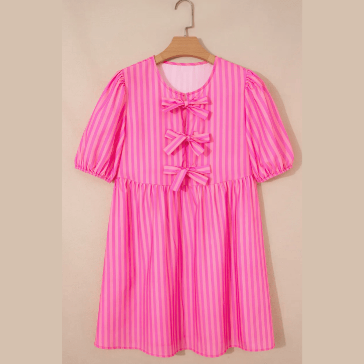 Mayra Striped Print Bow Detail Short Puff Sleeve Mini Dress