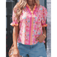 Tanna Pink Poppy Flower Striped Print Color Block Trim V Neck Short Sleeve Blouse