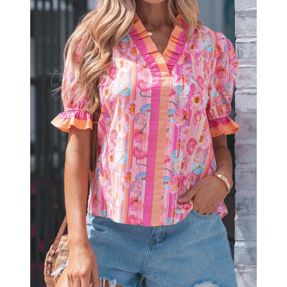 Tanna Pink Poppy Flower Striped Print Color Block Trim V Neck Short Sleeve Blouse
