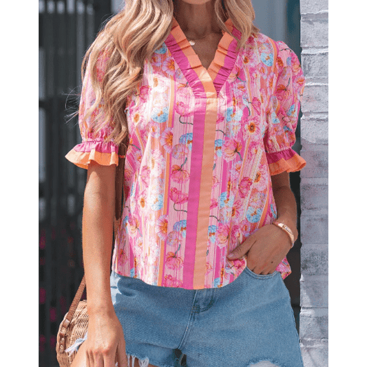 Tanna Pink Poppy Flower Striped Print Color Block Trim V Neck Short Sleeve Blouse