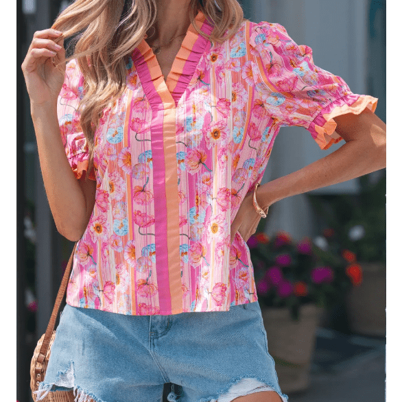 Tanna Pink Poppy Flower Striped Print Color Block Trim V Neck Short Sleeve Blouse