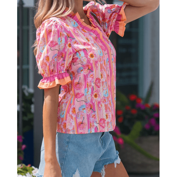 Tanna Pink Poppy Flower Striped Print Color Block Trim V Neck Short Sleeve Blouse