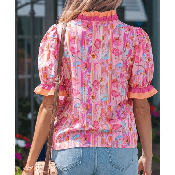 Tanna Pink Poppy Flower Striped Print Color Block Trim V Neck Short Sleeve Blouse