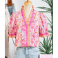 Tanna Pink Poppy Flower Striped Print Color Block Trim V Neck Short Sleeve Blouse