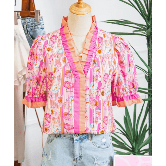 Tanna Pink Poppy Flower Striped Print Color Block Trim V Neck Short Sleeve Blouse