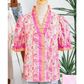 Tanna Pink Poppy Flower Striped Print Color Block Trim V Neck Short Sleeve Blouse