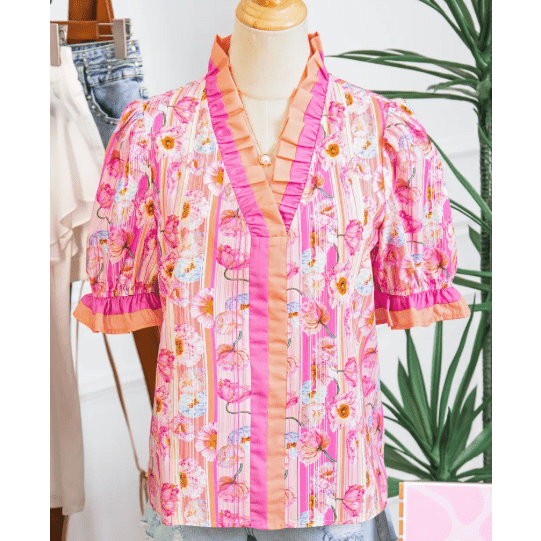 Tanna Pink Poppy Flower Striped Print Color Block Trim V Neck Short Sleeve Blouse