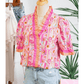 Tanna Pink Poppy Flower Striped Print Color Block Trim V Neck Short Sleeve Blouse