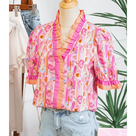 Tanna Pink Poppy Flower Striped Print Color Block Trim V Neck Short Sleeve Blouse