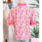 Tanna Pink Poppy Flower Striped Print Color Block Trim V Neck Short Sleeve Blouse