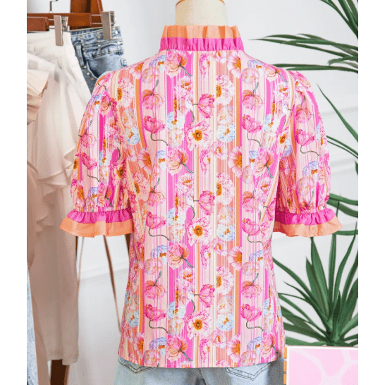 Tanna Pink Poppy Flower Striped Print Color Block Trim V Neck Short Sleeve Blouse