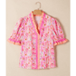 Tanna Pink Poppy Flower Striped Print Color Block Trim V Neck Short Sleeve Blouse