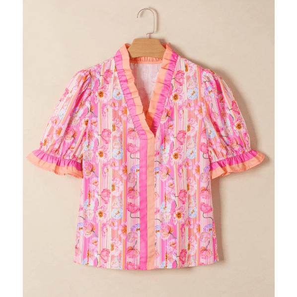 Tanna Pink Poppy Flower Striped Print Color Block Trim V Neck Short Sleeve Blouse