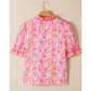 Tanna Pink Poppy Flower Striped Print Color Block Trim V Neck Short Sleeve Blouse