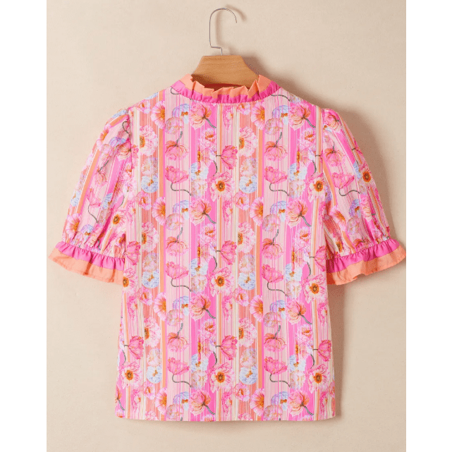 Tanna Pink Poppy Flower Striped Print Color Block Trim V Neck Short Sleeve Blouse