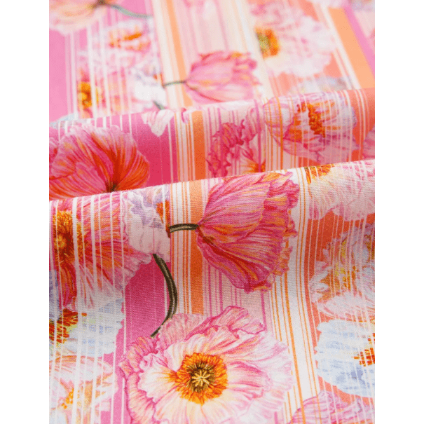Tanna Pink Poppy Flower Striped Print Color Block Trim V Neck Short Sleeve Blouse
