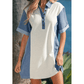 Addie Light Grey Denim Color Block Patchwork Button Polo Collar T Shirt Tunic Dress