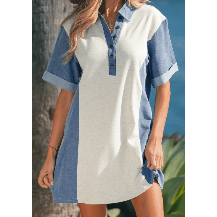 Addie Light Grey Denim Color Block Patchwork Button Polo Collar T Shirt Tunic Dress