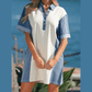 Addie Light Grey Denim Color Block Patchwork Button Polo Collar T Shirt Tunic Dress