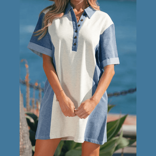 Addie Light Grey Denim Color Block Patchwork Button Polo Collar T Shirt Tunic Dress