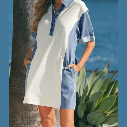 Addie Light Grey Denim Color Block Patchwork Button Polo Collar T Shirt Tunic Dress