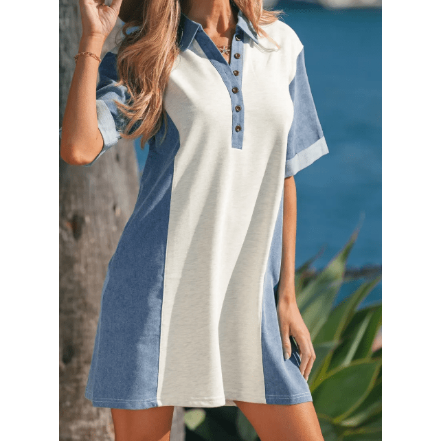 Addie Light Grey Denim Color Block Patchwork Button Polo Collar T Shirt Tunic Dress