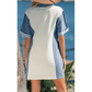 Addie Light Grey Denim Color Block Patchwork Button Polo Collar T Shirt Tunic Dress