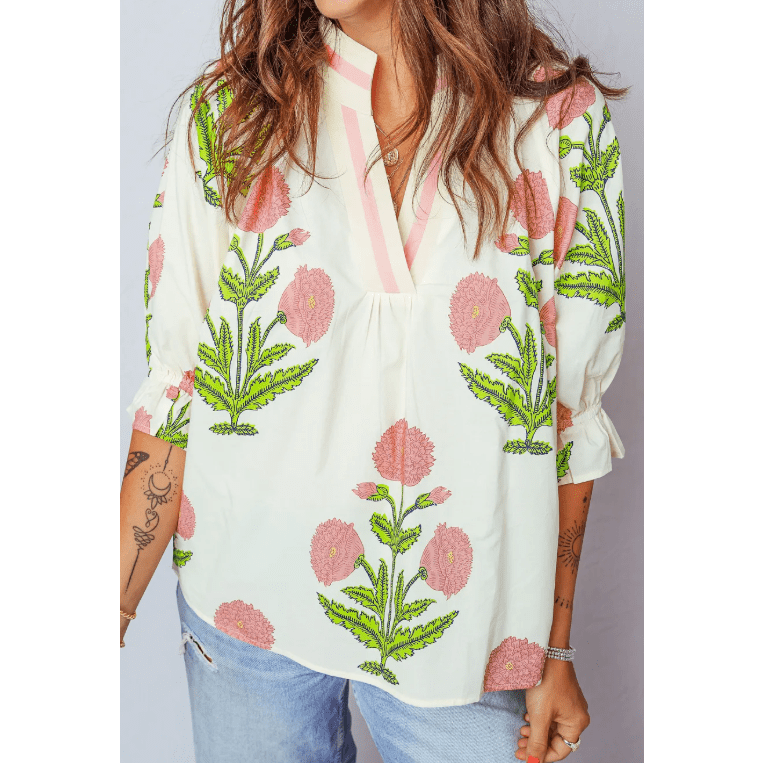 Emerie Wild Flower Print V Neck 3/4 Sleeve Blouse