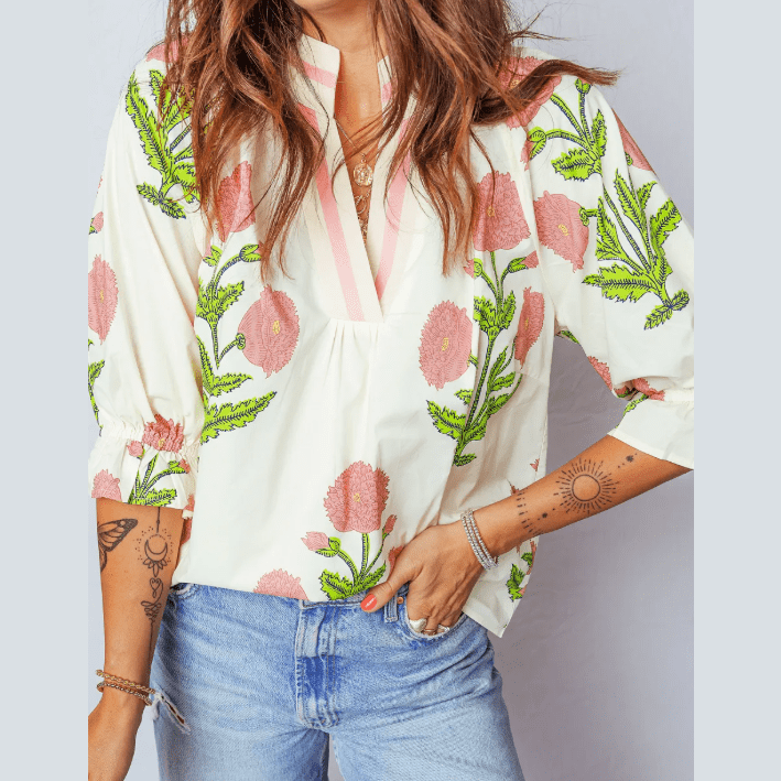 Emerie Wild Flower Print V Neck 3/4 Sleeve Blouse