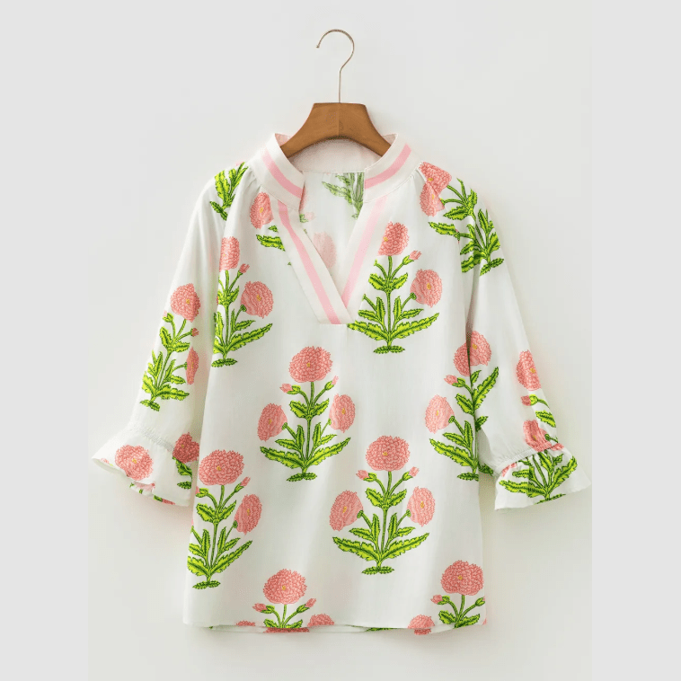 Emerie Wild Flower Print V Neck 3/4 Sleeve Blouse