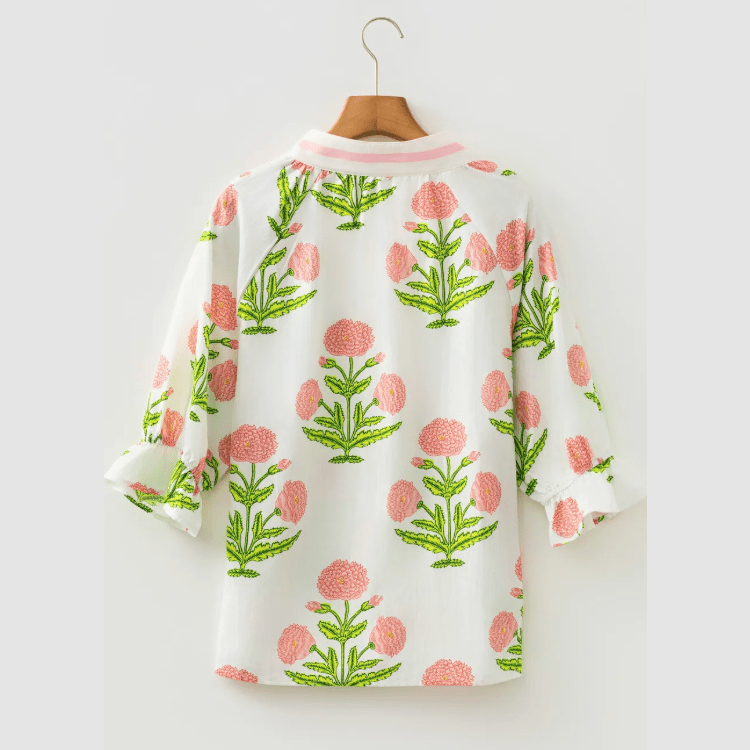 Emerie Wild Flower Print V Neck 3/4 Sleeve Blouse