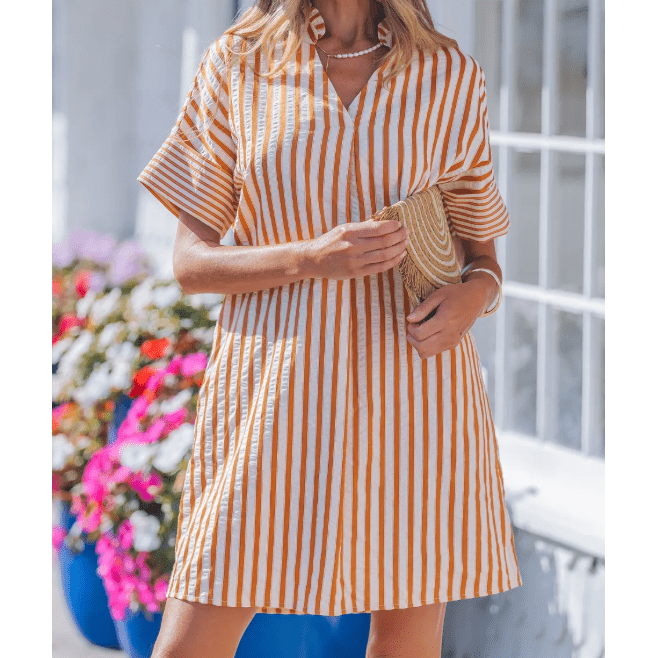 Grace Ann Brown Stripe Pinched V Neck Turn-up Cuffs Shift Mini Dress
