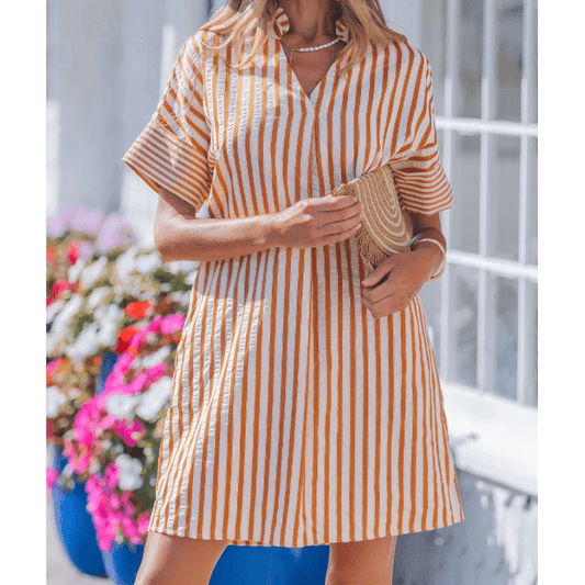 Grace Ann Brown Stripe Pinched V Neck Turn-up Cuffs Shift Mini Dress