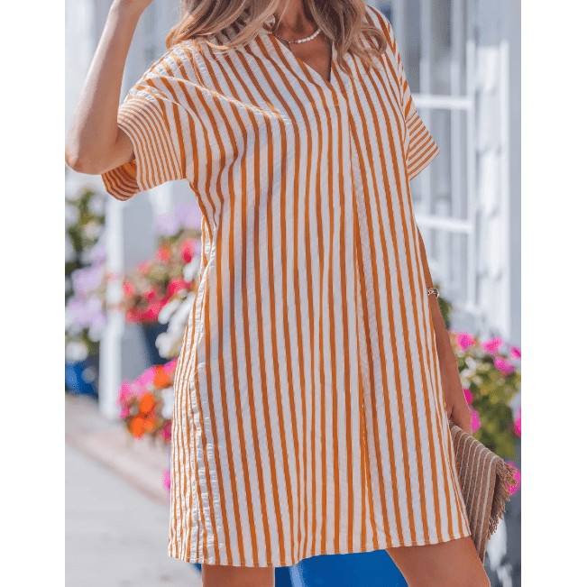 Grace Ann Brown Stripe Pinched V Neck Turn-up Cuffs Shift Mini Dress