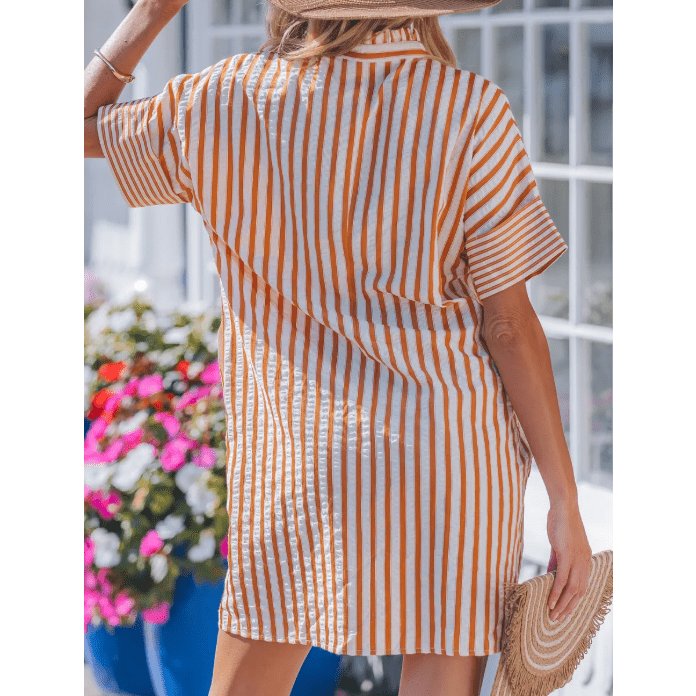 Grace Ann Brown Stripe Pinched V Neck Turn-up Cuffs Shift Mini Dress