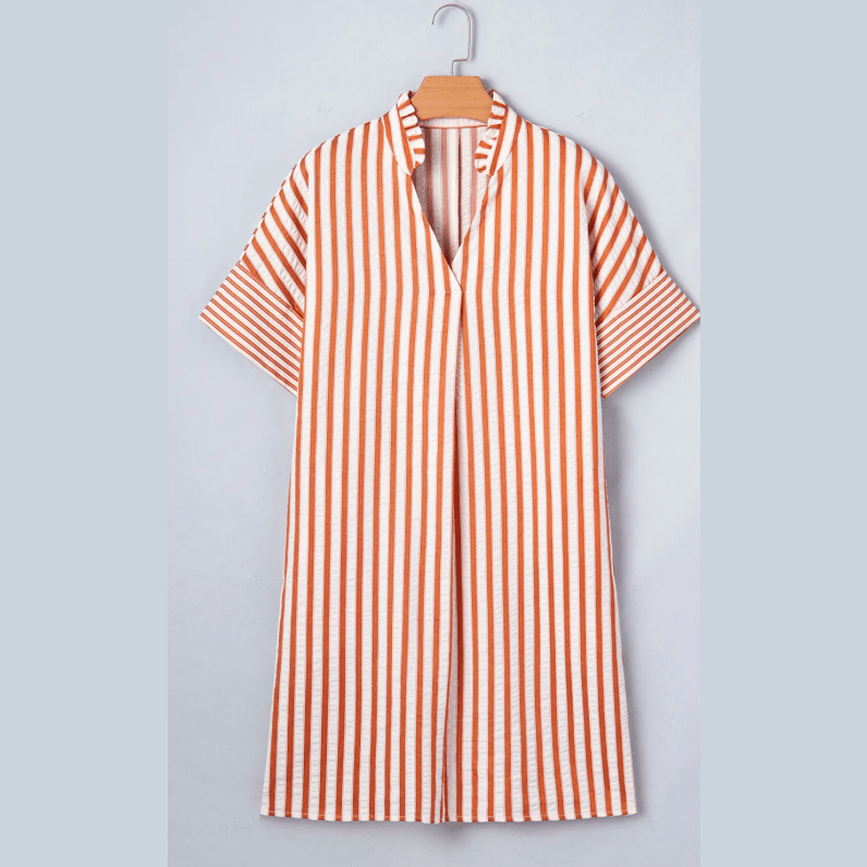 Grace Ann Brown Stripe Pinched V Neck Turn-up Cuffs Shift Mini Dress