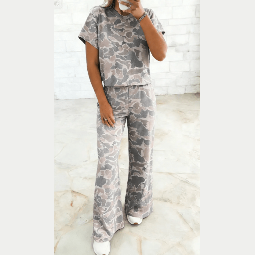 Harlise Camouflage Short Sleeve Top and High Waist Wide Leg Pants Set