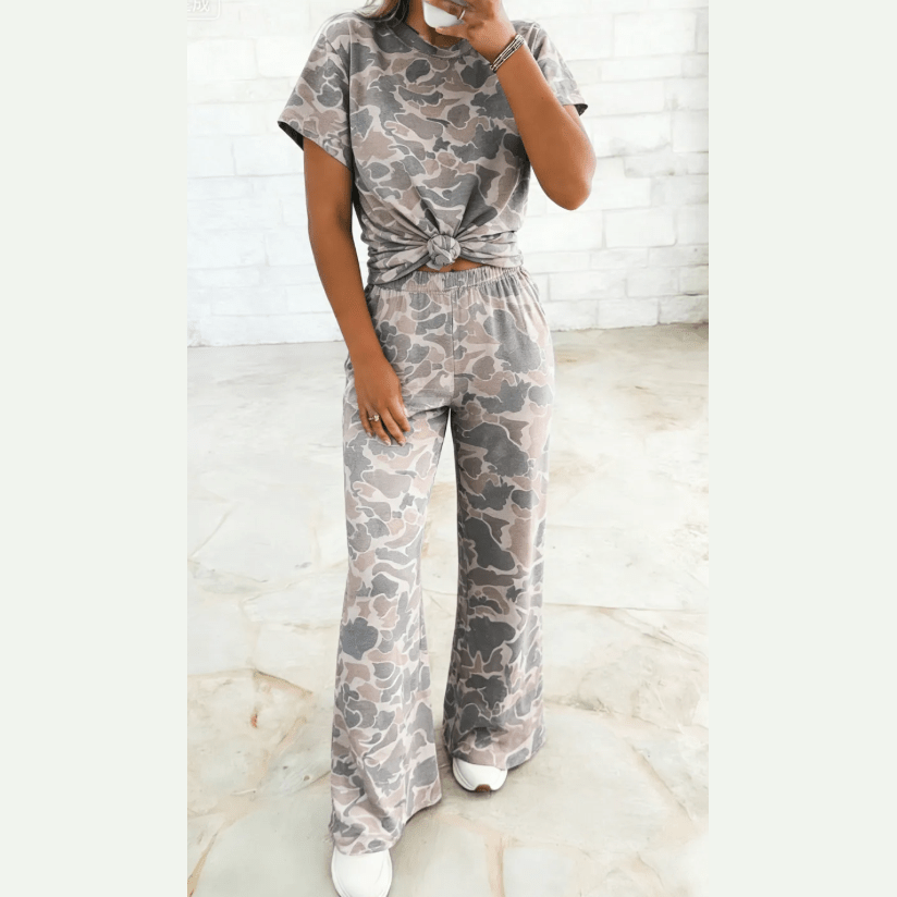 Harlise Camouflage Short Sleeve Top and High Waist Wide Leg Pants Set