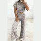 Harlise Camouflage Short Sleeve Top and High Waist Wide Leg Pants Set