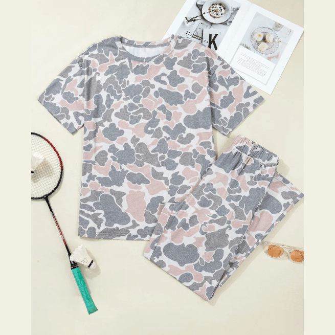 Harlise Camouflage Short Sleeve Top and High Waist Wide Leg Pants Set