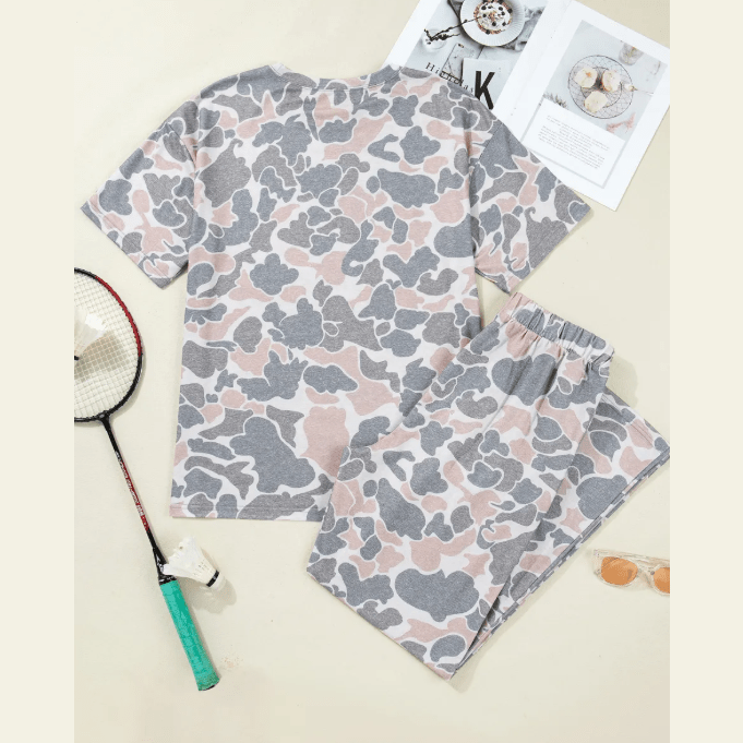 Harlise Camouflage Short Sleeve Top and High Waist Wide Leg Pants Set