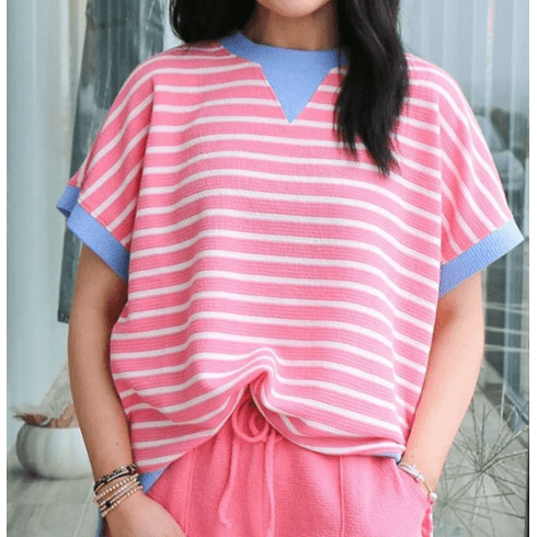 Nell Pink Stripe Contrast Trim Loose Short Sleeve Top
