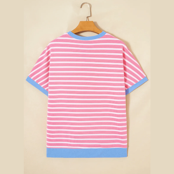 Nell Pink Stripe Contrast Trim Loose Short Sleeve Top